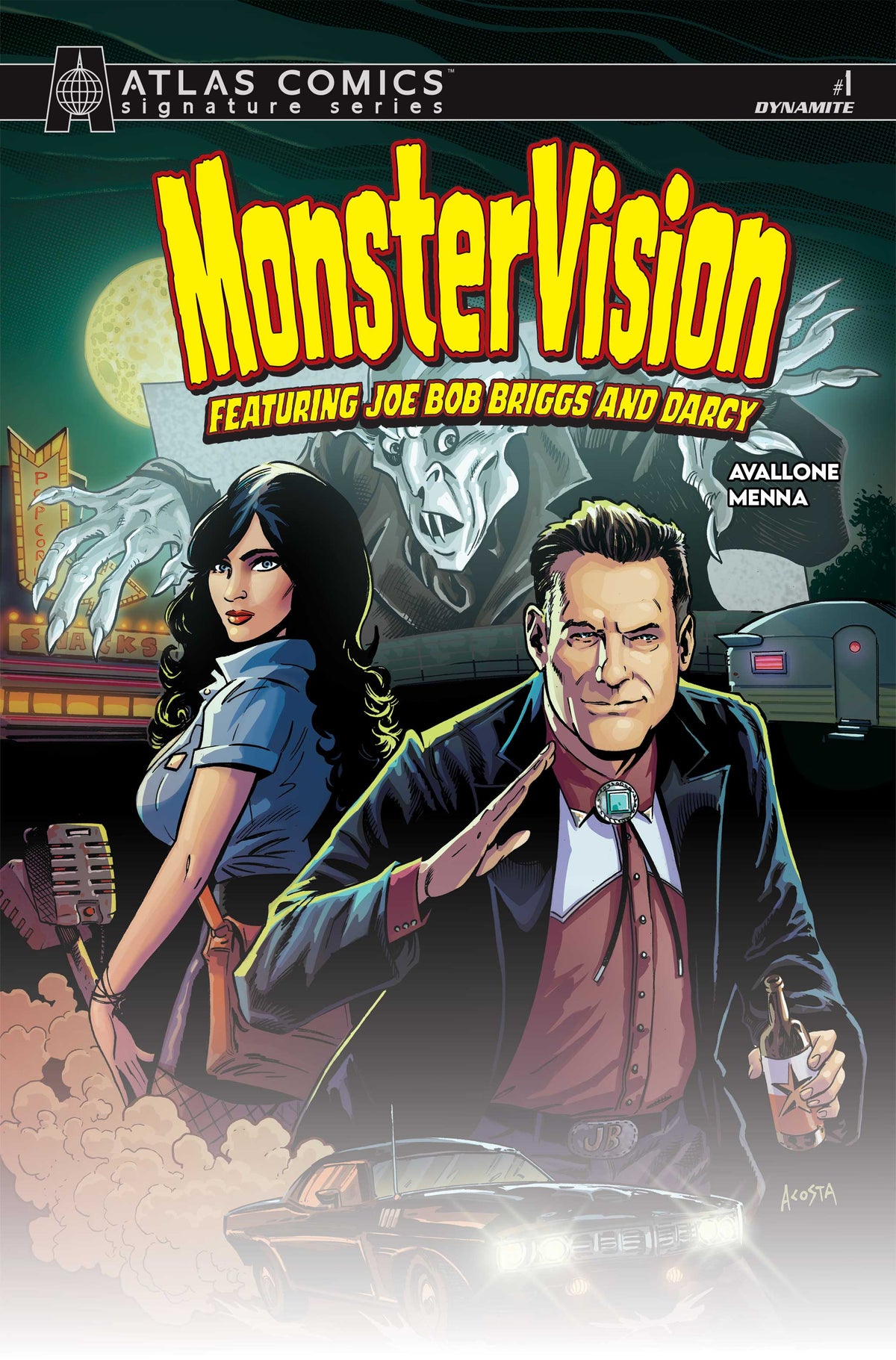 MONSTERVISION FEATURING JOE BOB BRIGGS AND DARCY #1 Cover I DAVE ACOSTA ATLAS EDITION SIGNED BY JOE BOB BRIGGS AND DARCY VAR comic book cover